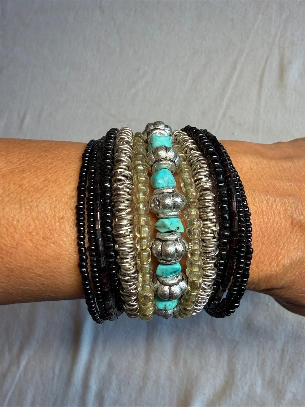 Turquoise and Silver Beaded Multi-Row Stretch Bracelet